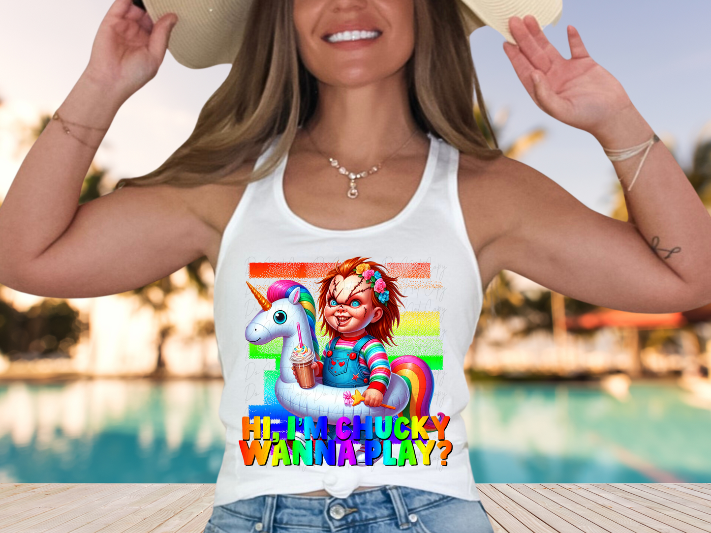 Summer Horror Unicorn Floatie Chucky Hi I'm Chucky Wanna Play DTF Transfer - NRD1077