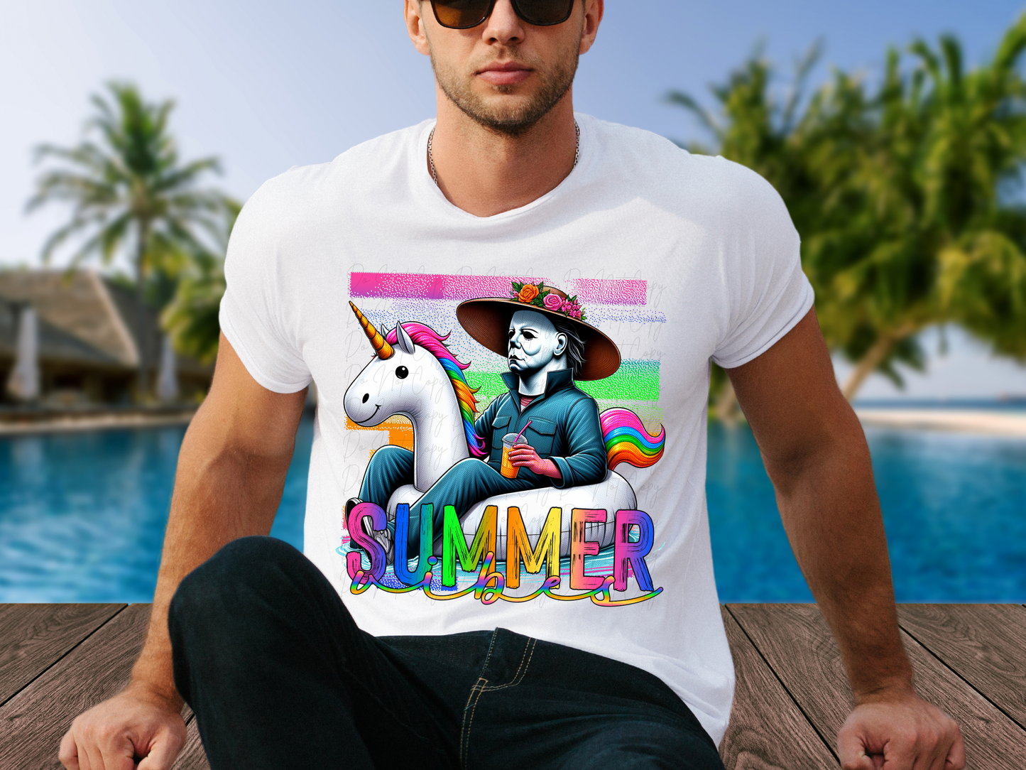 Summer Horror Unicorn Floatie Michael Myers Summer Vibes DTF Transfer - NRD1078