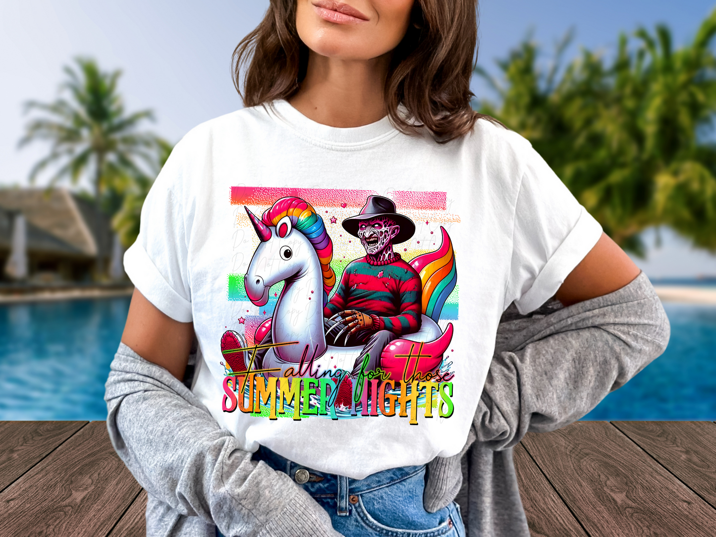 Summer Horror Unicorn Floatie Freddy Falling For Those Summer Nights DTF Transfer - NRD1081