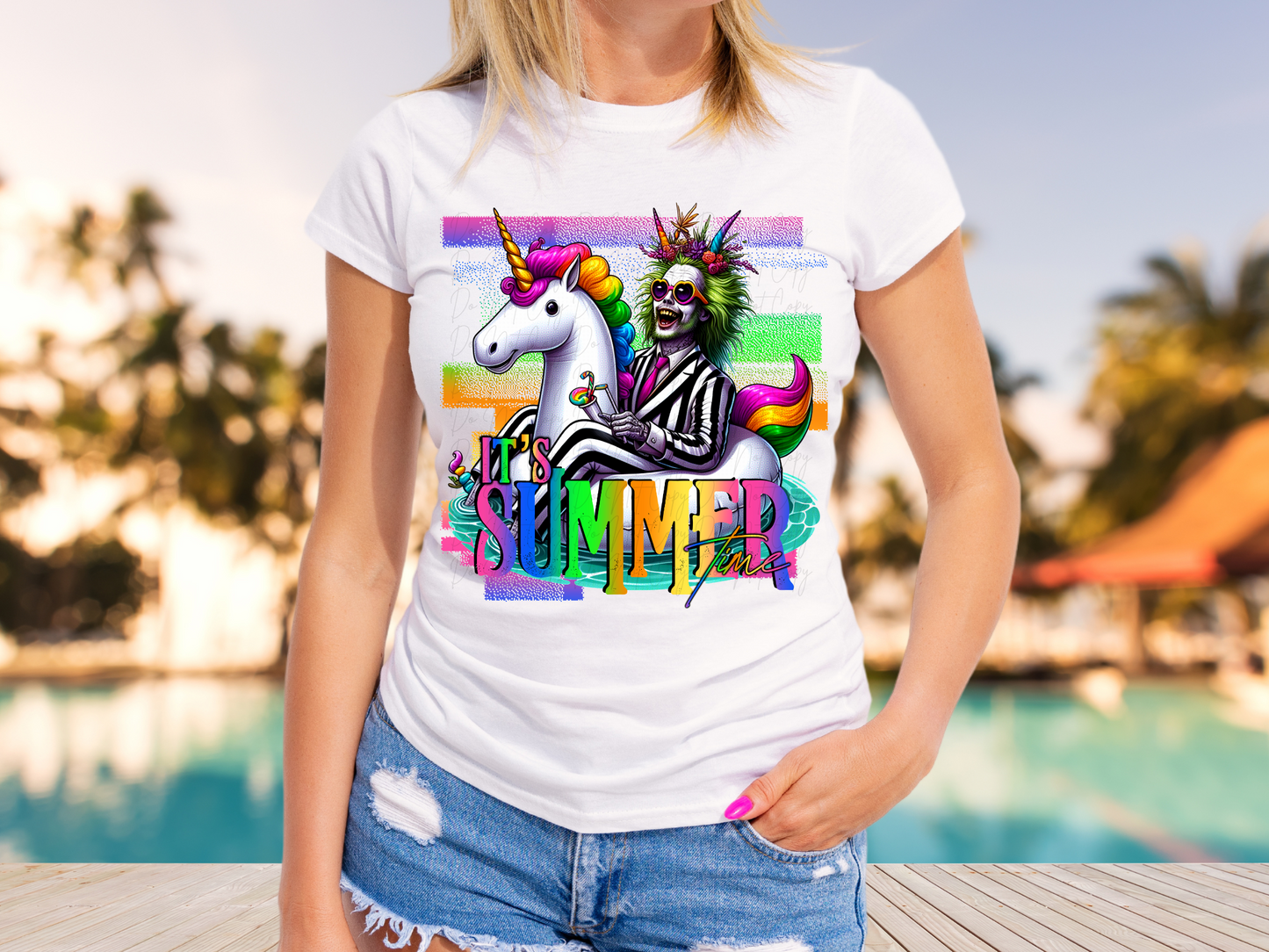 Summer Horror Unicorn Floatie Beetlejuice It's Summer Time DTF Transfer - NRD1082