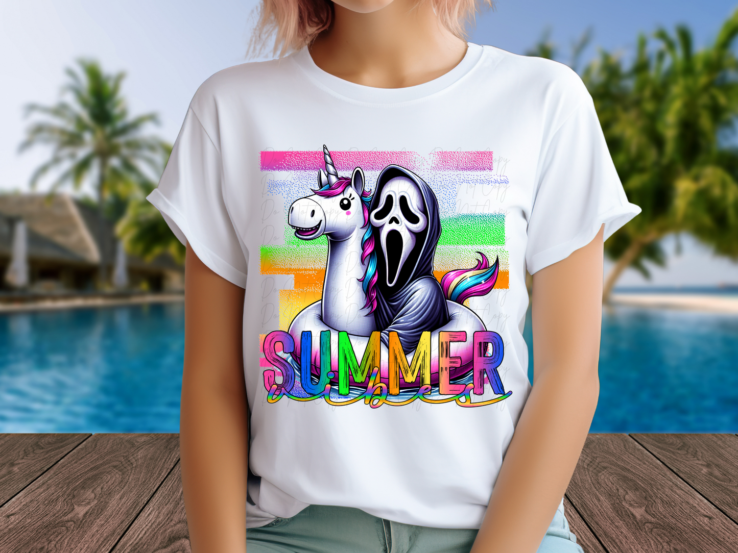 Summer Horror Unicorn Floatie Ghostface Summer Vibes DTF Transfer - NRD1083