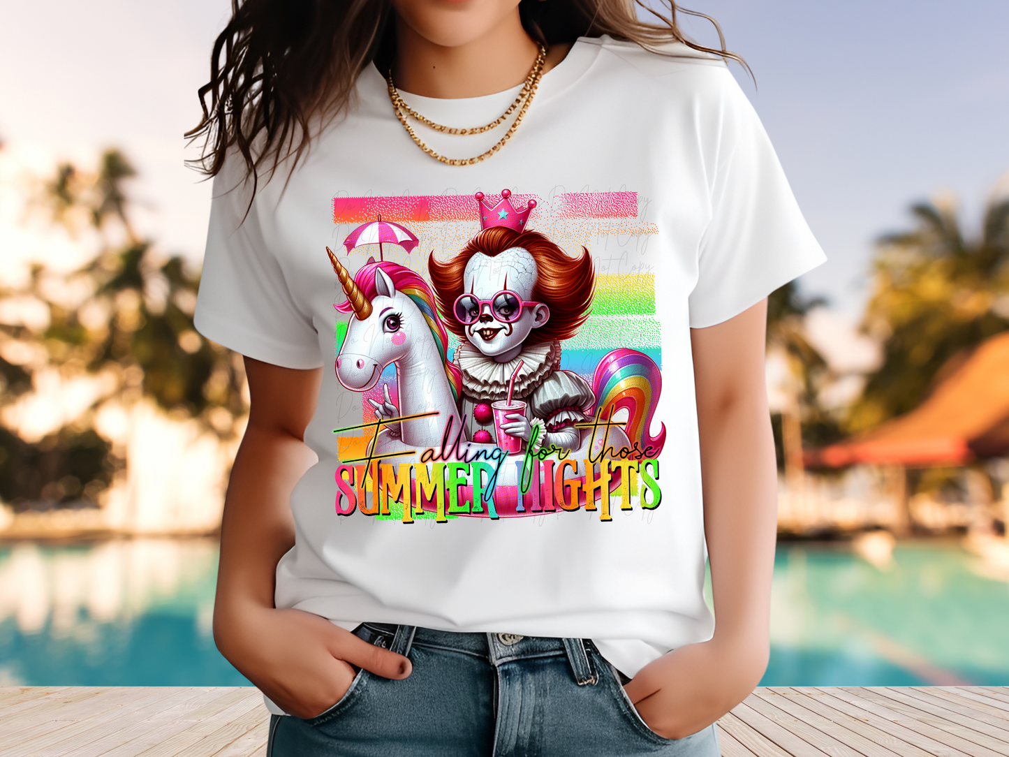 Summer Horror Unicorn Floatie Pennywise Falling For Those Summer Nights DTF Transfer - NRD1084