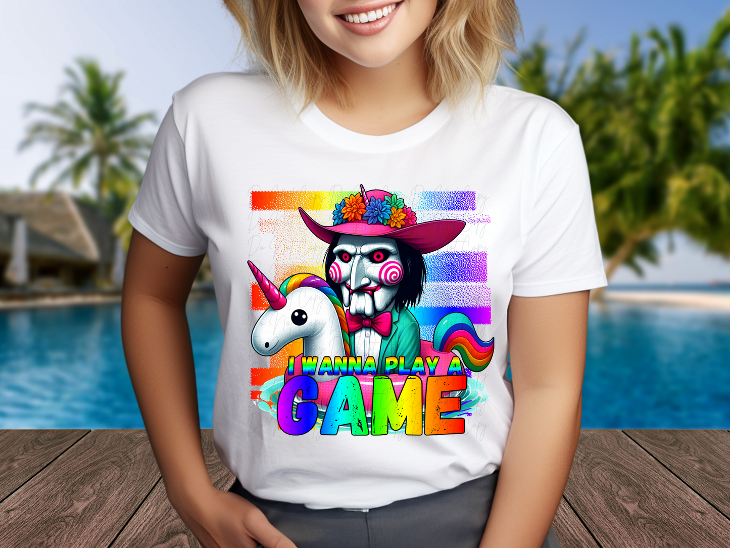 Summer Horror Unicorn Floatie Jigsaw I Wanna Play A Game DTF Transfer - NRD1085