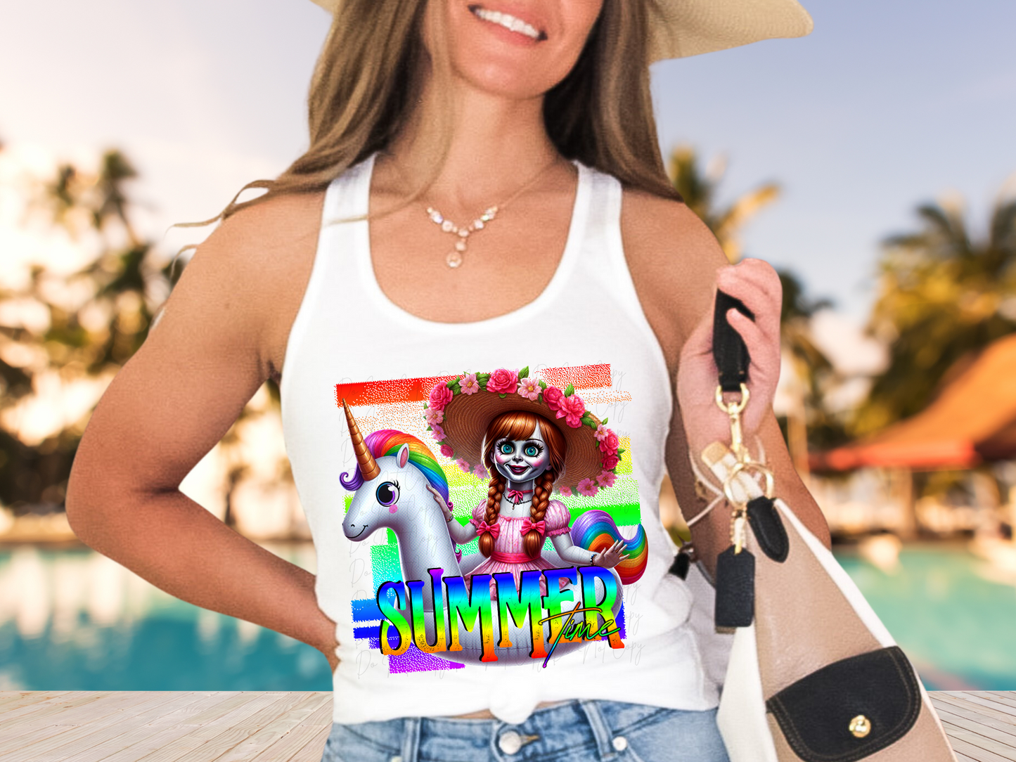 Summer Horror Unicorn Floatie Annabelle Summer Time DTF Transfer - NRD1086