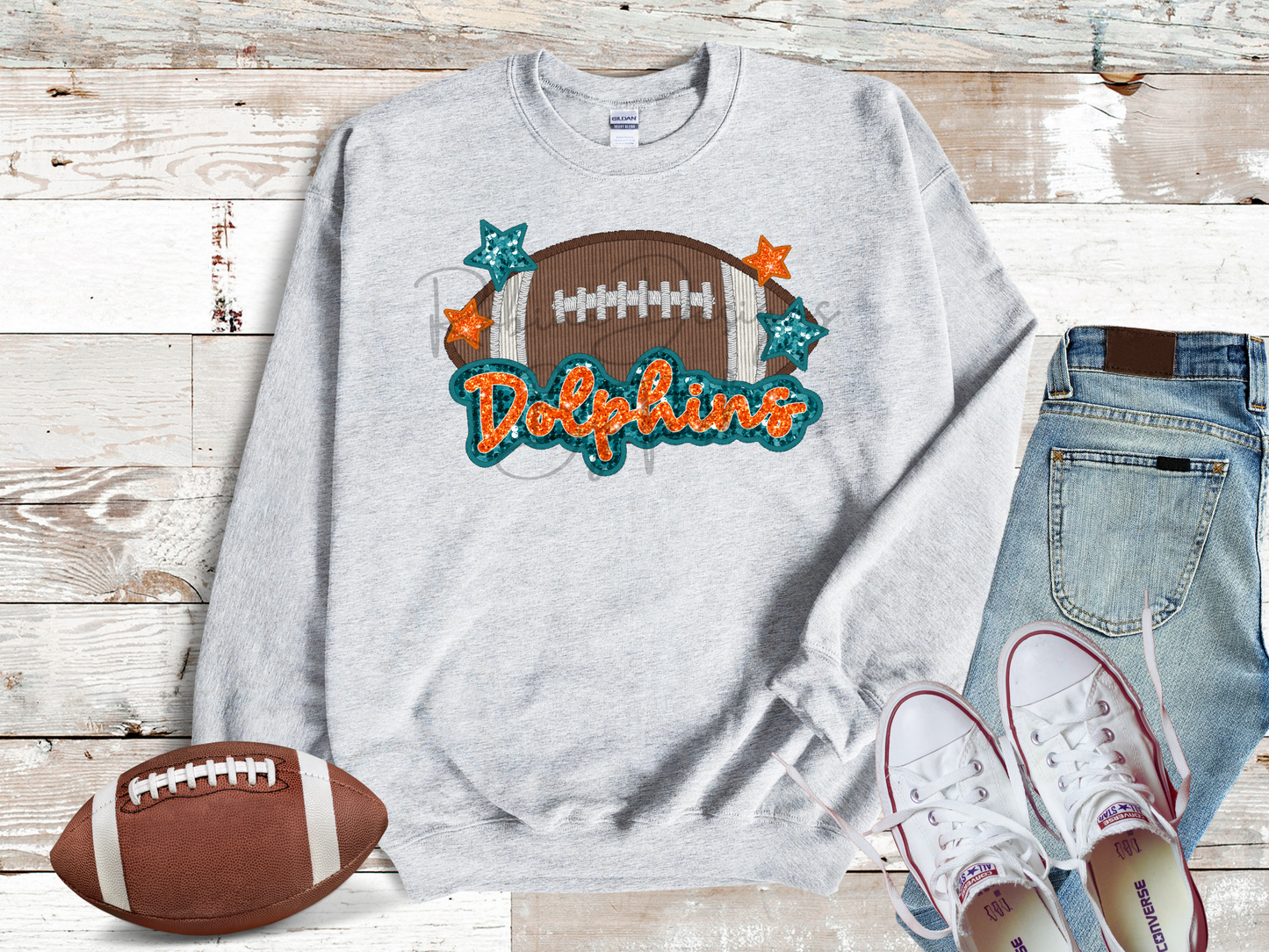 Dolphins Sparkle Faux Sequin Embroidery Sweatshirt