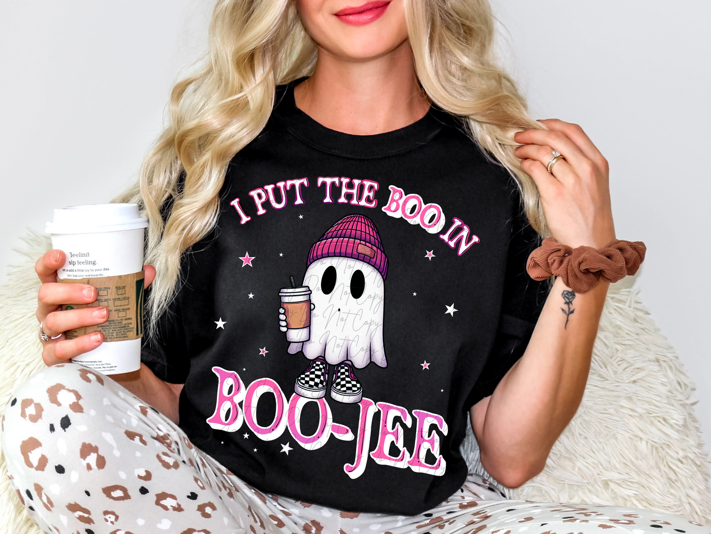 I Put The Boo In Boo-Jee Coffee In Pink And White Text Halloween DTF Transfer - KPI2286