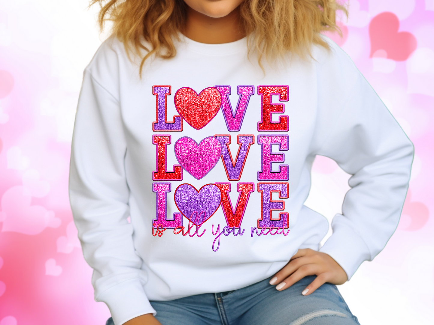 Love Is All You Need Faux Sequin Valentine's Day Sweatshirt