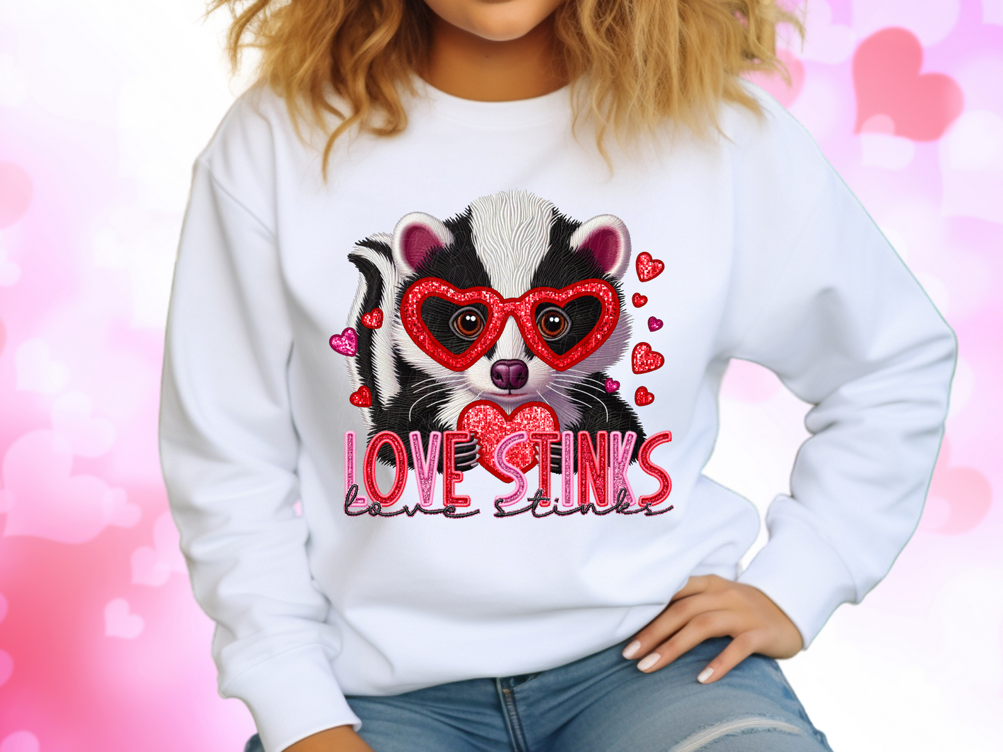 Cute Skunk Love Stinks Faux Sequin Valentine's Day Sweatshirt