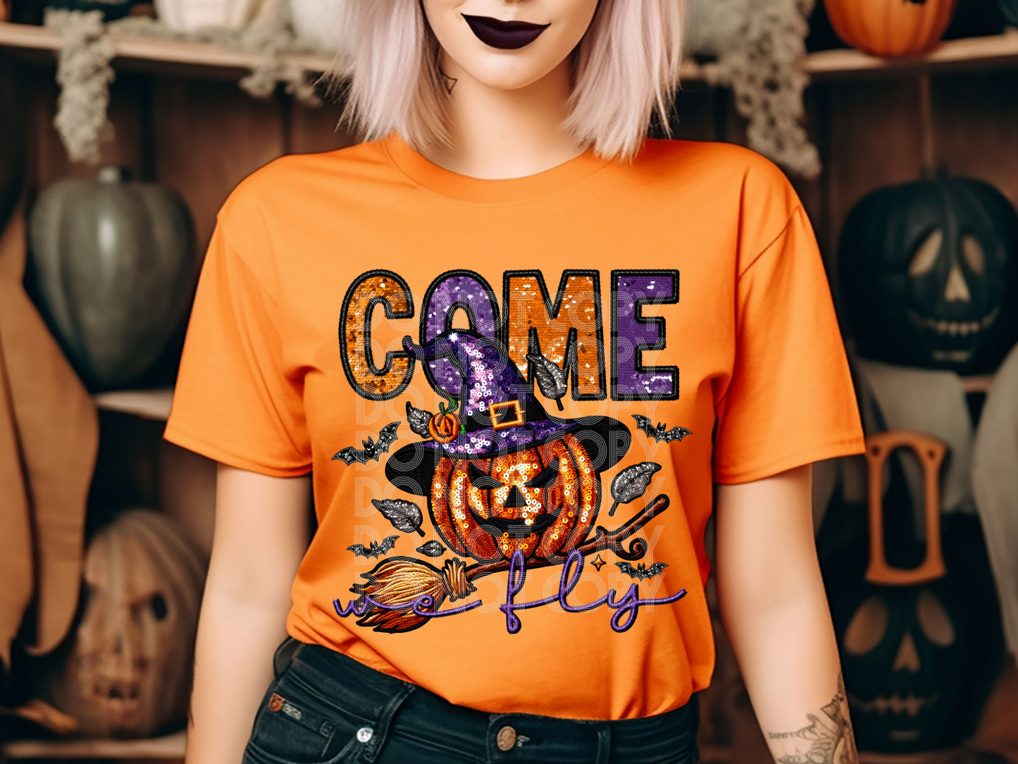 Come Fly Pumpkin Witch Halloween DTF Transfers - PHD1014