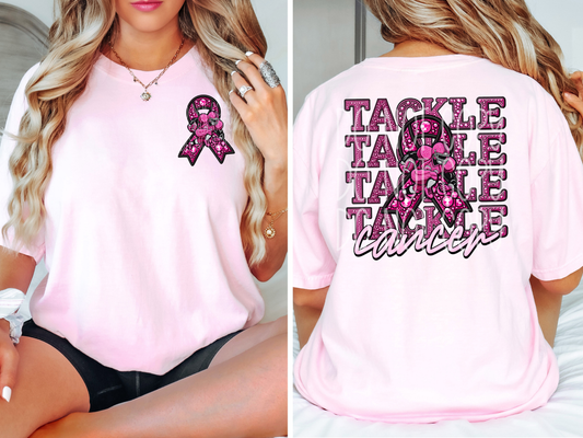 Tackle Cancer Faux Embroidery Rhinestone Football DTF Transfers - PHD1045