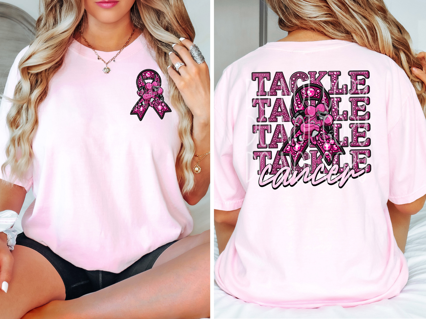 Tackle Cancer RIbbon Faux Embroidery Rhinestone Football DTF Transfers - PHD1046