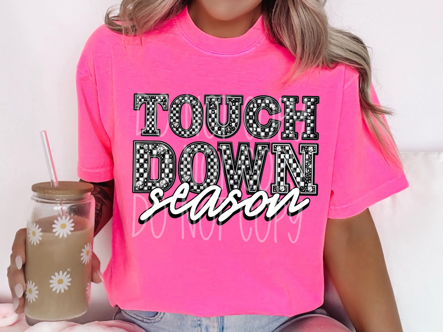 Touchdown Season Faux Embroidery Checkered Rhinestone Football DTF Transfers - PHD1050