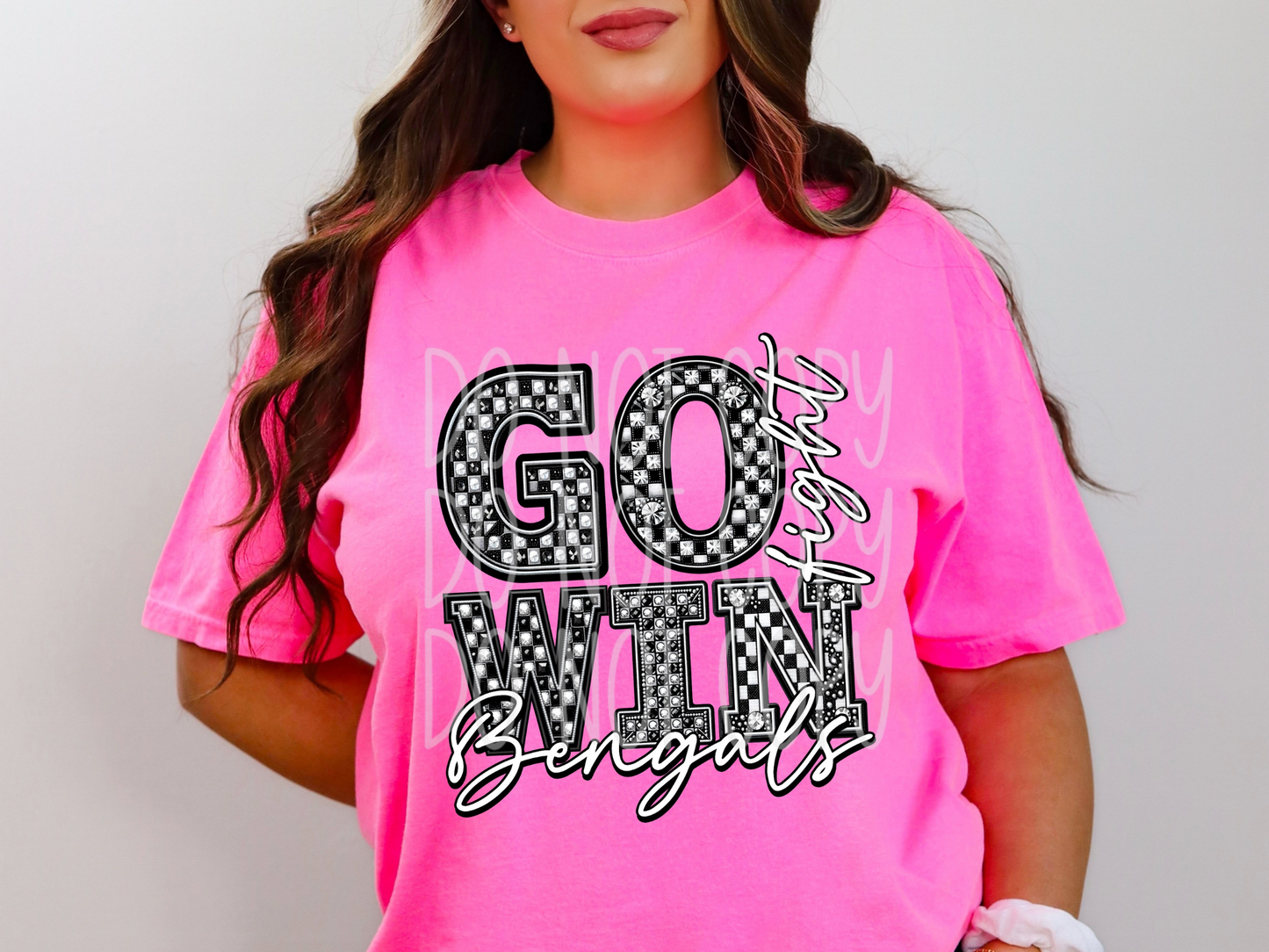 Bengals Go Fight Win Checkered Rhinestone School Spirit Mascot DTF Transfer - PHD1055