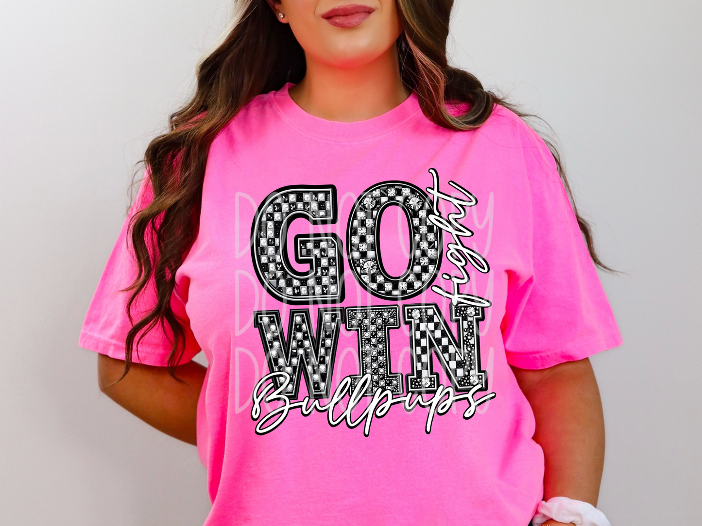 Bullpups Go Fight Win Checkered Rhinestone School Spirit Mascot DTF Transfer - PHD1060