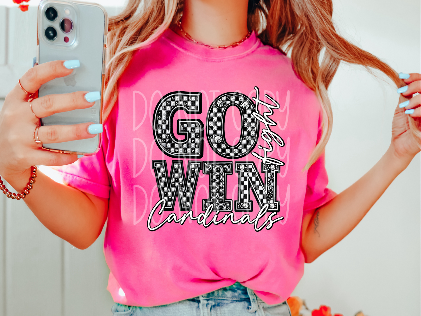 Cardinals Go Fight Win Checkered Rhinestone School Spirit Mascot DTF Transfer - PHD1061