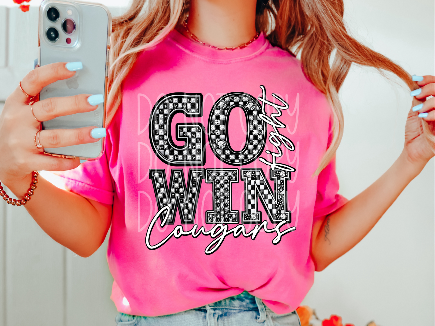 Cougars Go Fight Win Checkered Rhinestone School Spirit Mascot DTF Transfer - PHD1062