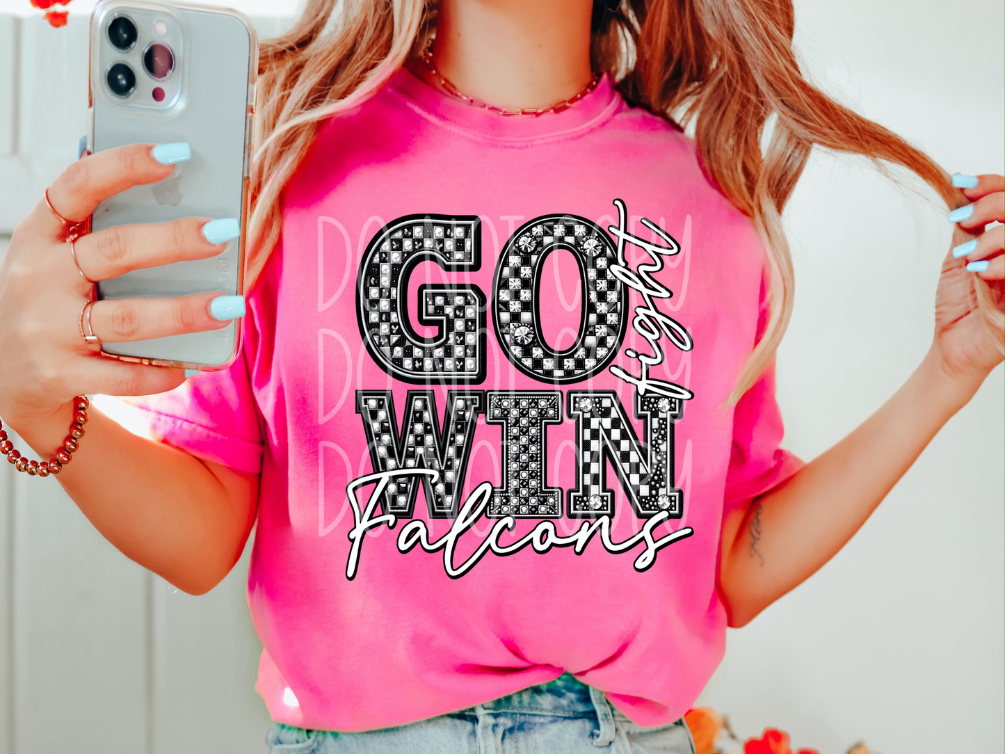 Falcons Go Fight Win Checkered Rhinestone School Spirit Mascot DTF Transfer - PHD1065