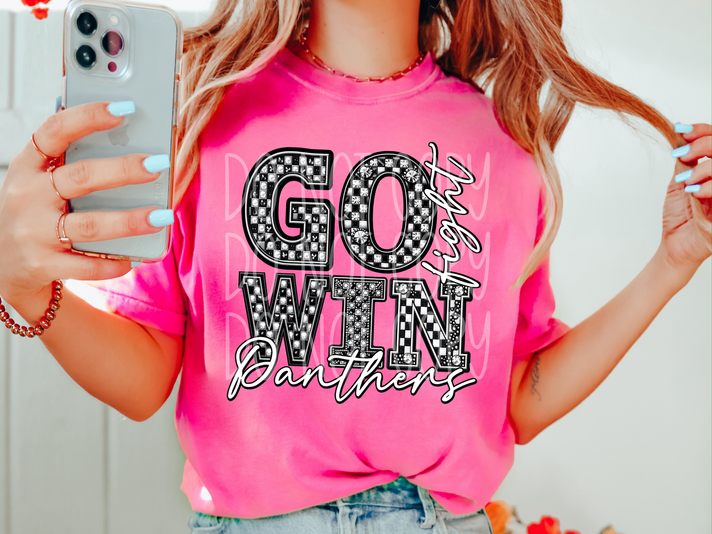 Panthers Go Fight Win Checkered Rhinestone School Spirit Mascot DTF Transfer - PHD1074