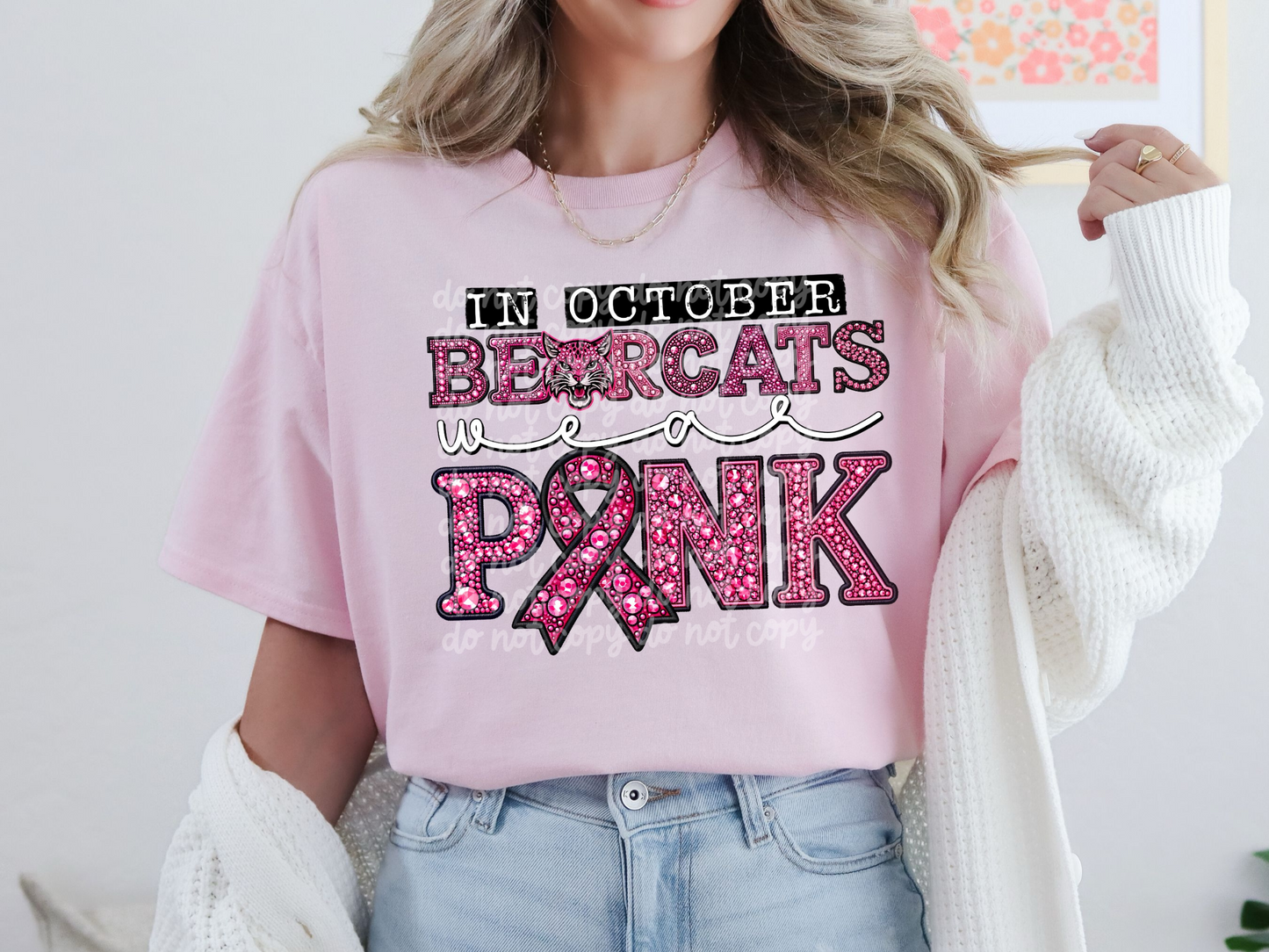 In October Bearcats Wear Pink Faux Embroidery Rhinestone Breast Cancer School Mascot DTF Transfer - PHD1089