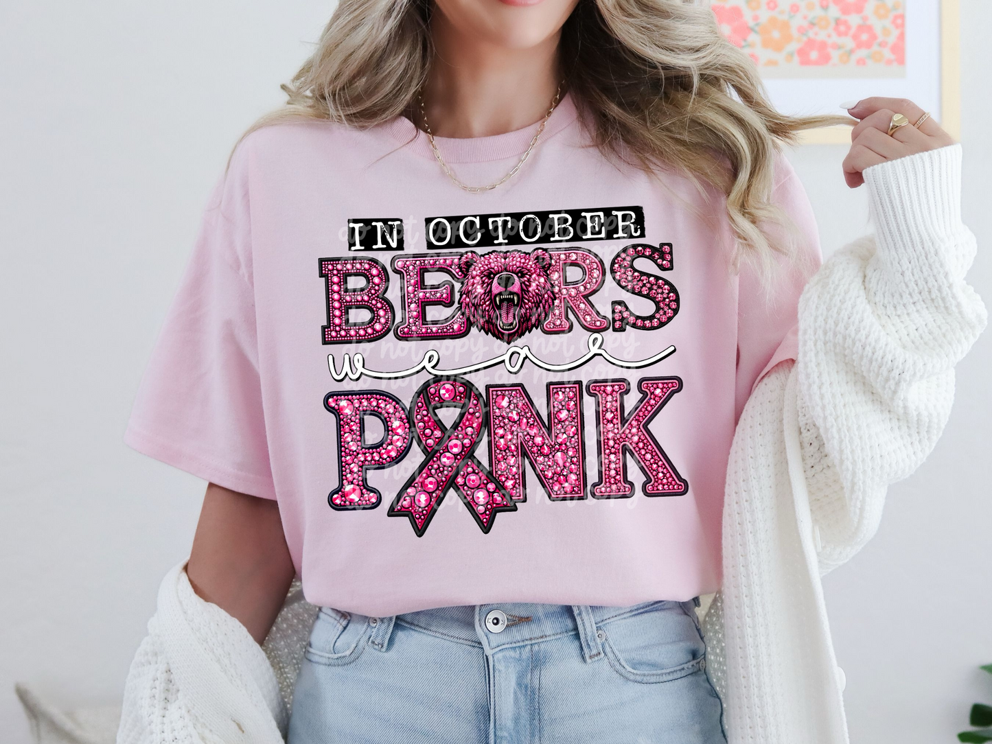 In October Bears Wear Pink Faux Embroidery Rhinestone Breast Cancer School Mascot DTF Transfer - PHD1090