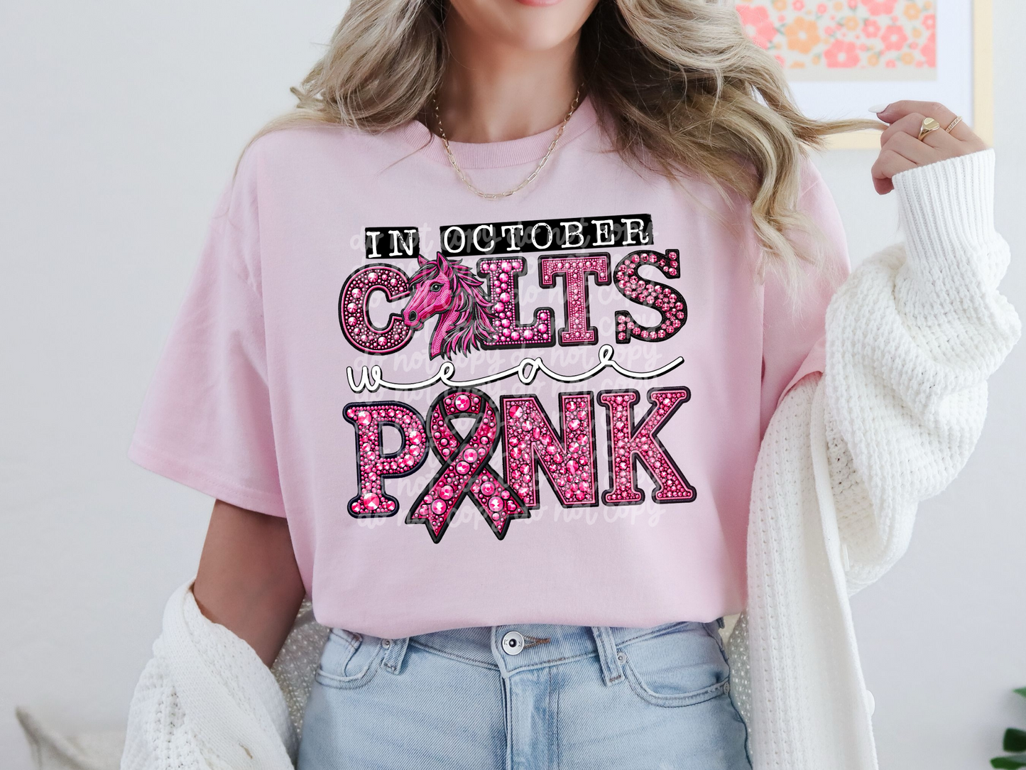 In October Colts Wear Pink Faux Embroidery Rhinestone Breast Cancer School Mascot DTF Transfer - PHD1096