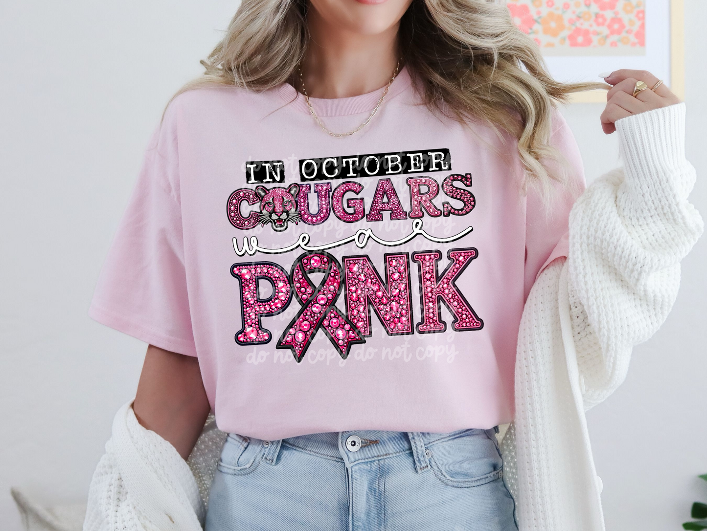 In October Cougars Wear Pink Faux Embroidery Rhinestone Breast Cancer School Mascot DTF Transfer - PHD1098