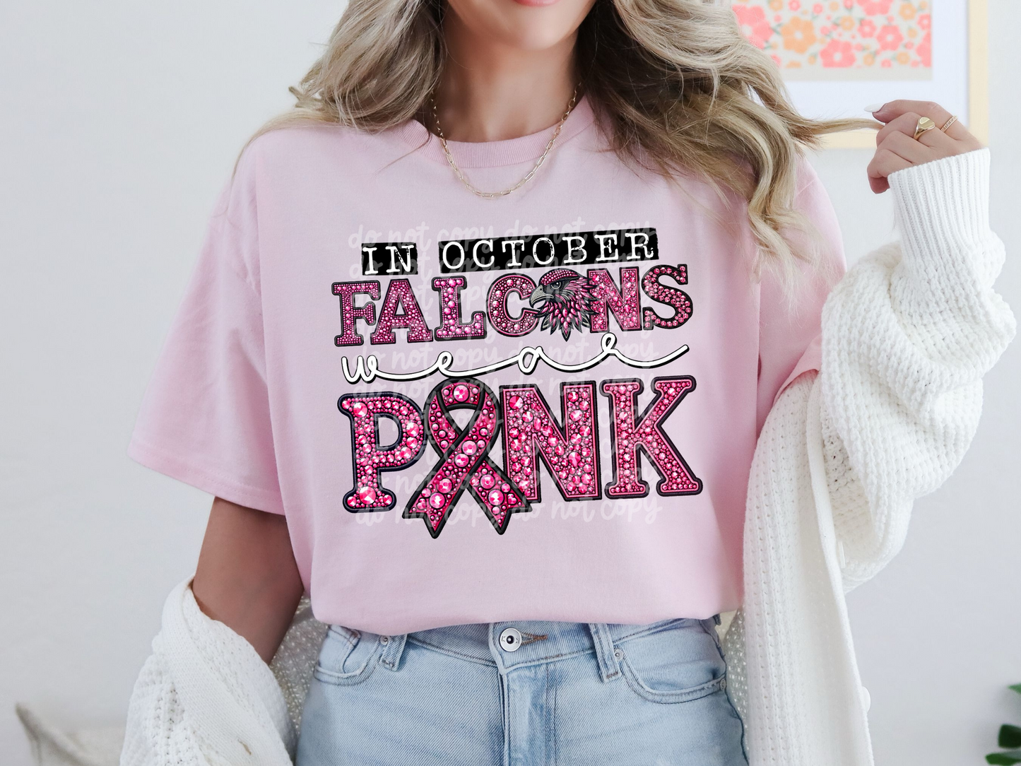 In October Falcons Wear Pink Faux Embroidery Rhinestone Breast Cancer School Mascot DTF Transfer - PHD1101