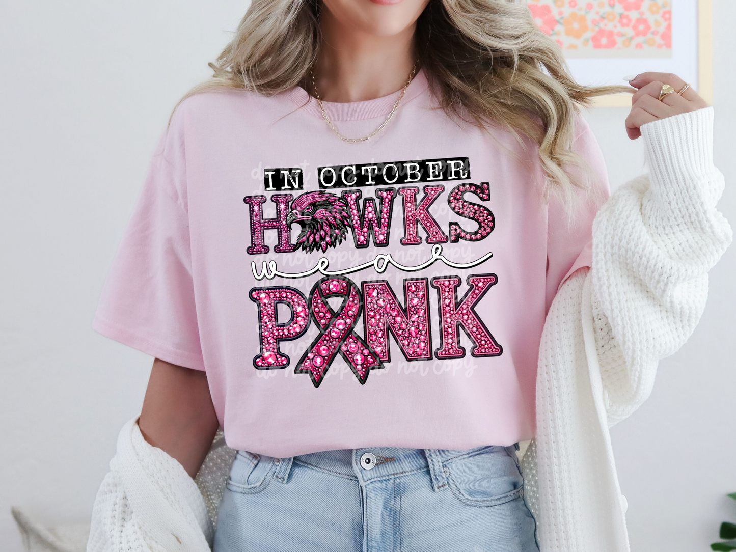In October Hawks Wear Pink Faux Embroidery Rhinestone Breast Cancer School Mascot DTF Transfer - PHD1103