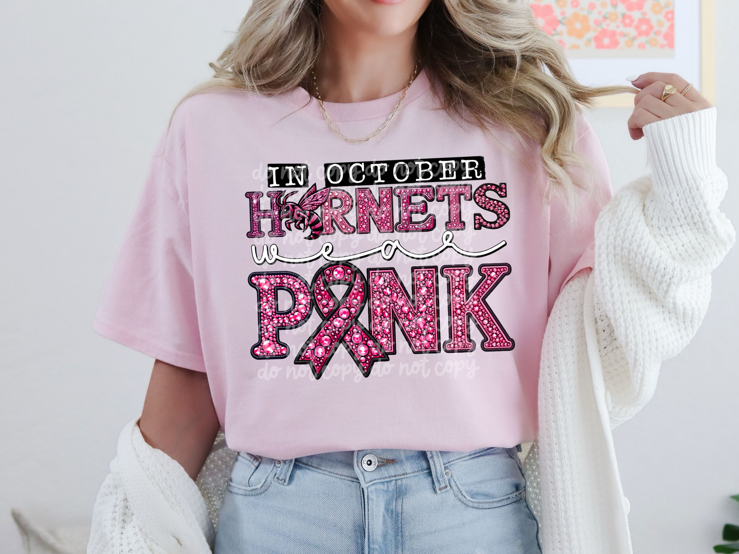 In October Hornets Wear Pink Faux Embroidery Rhinestone Breast Cancer School Mascot DTF Transfer - PHD1104