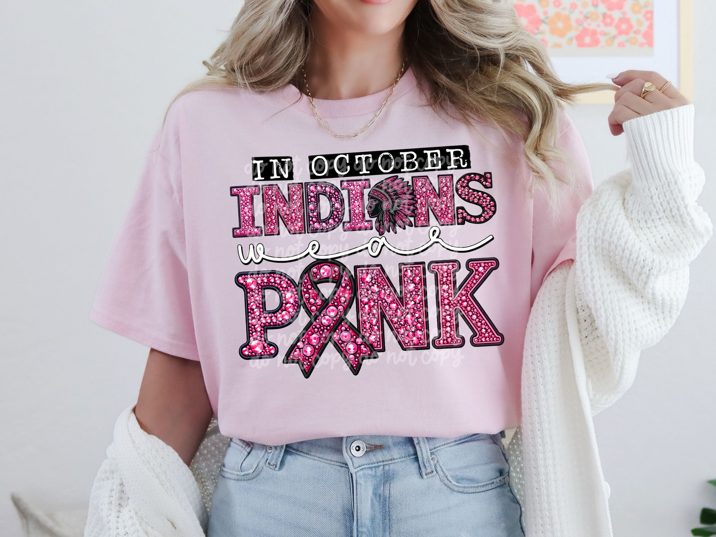 In October Indians Wear Pink Faux Embroidery Rhinestone Breast Cancer School Mascot DTF Transfer - PHD1105