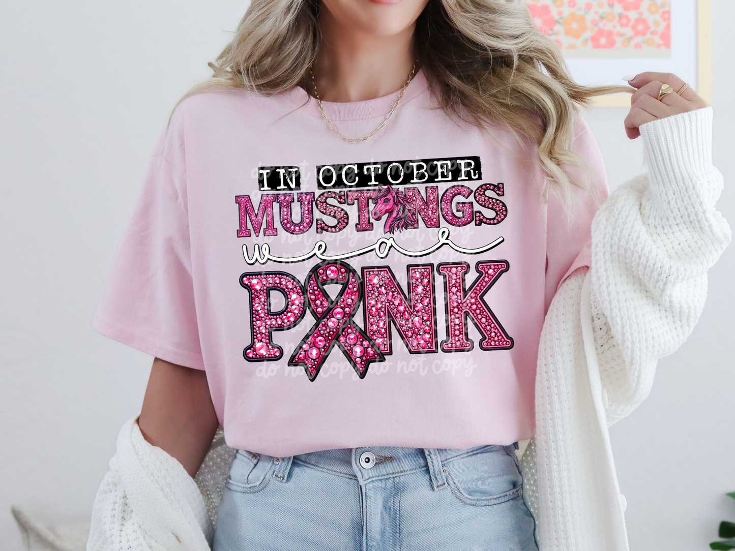 In October Mustangs Wear Pink Faux Embroidery Rhinestone Breast Cancer School Mascot DTF Transfer - PHD1108