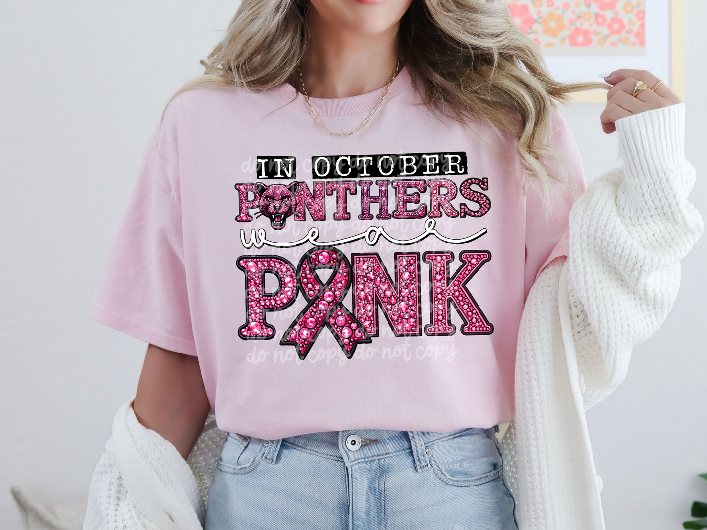 In October Panthers Wear Pink Faux Embroidery Rhinestone Breast Cancer School Mascot DTF Transfer - PHD1109