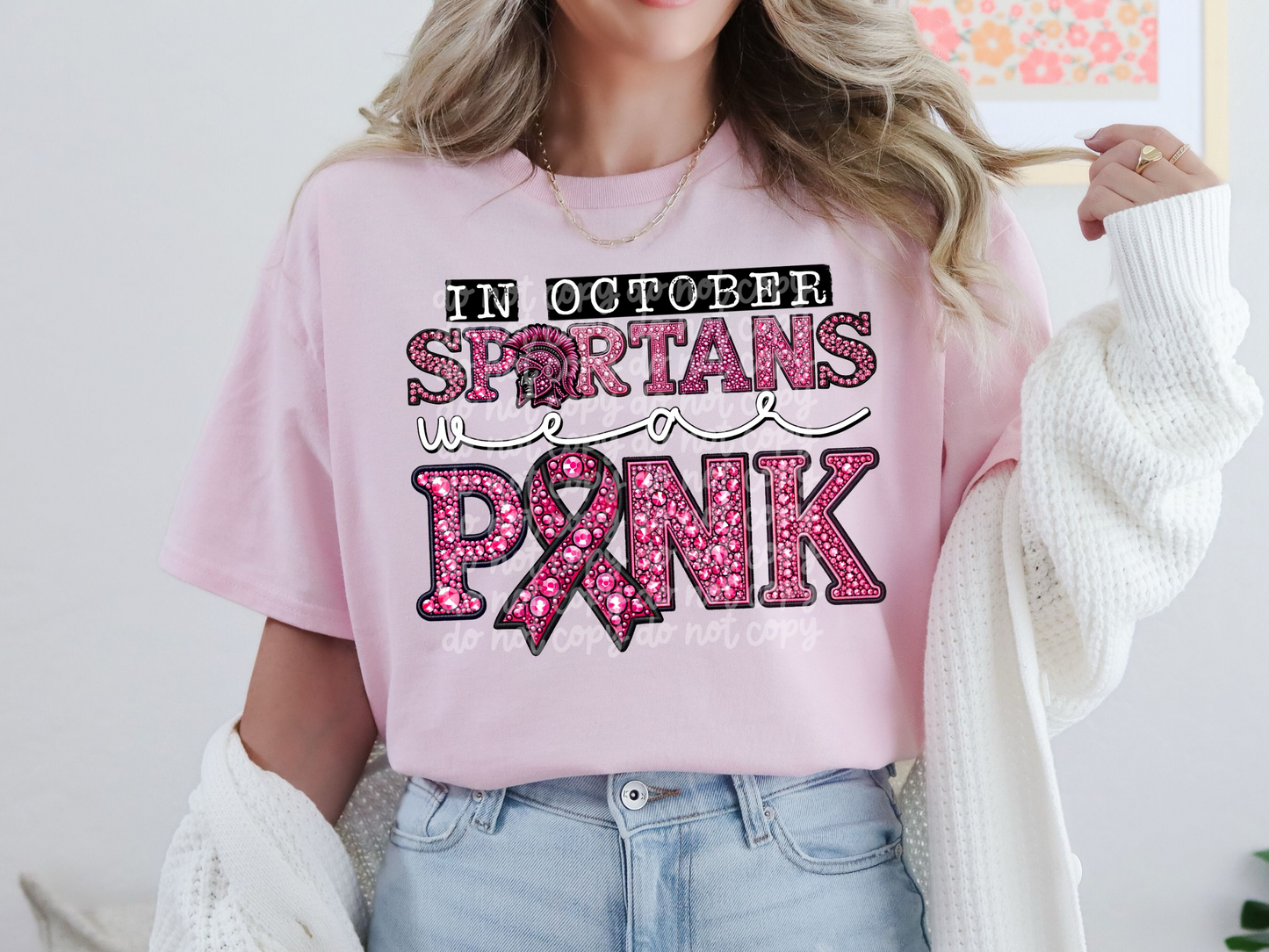 In October Spartans Wear Pink Faux Embroidery Rhinestone Breast Cancer School Mascot DTF Transfer - PHD1112
