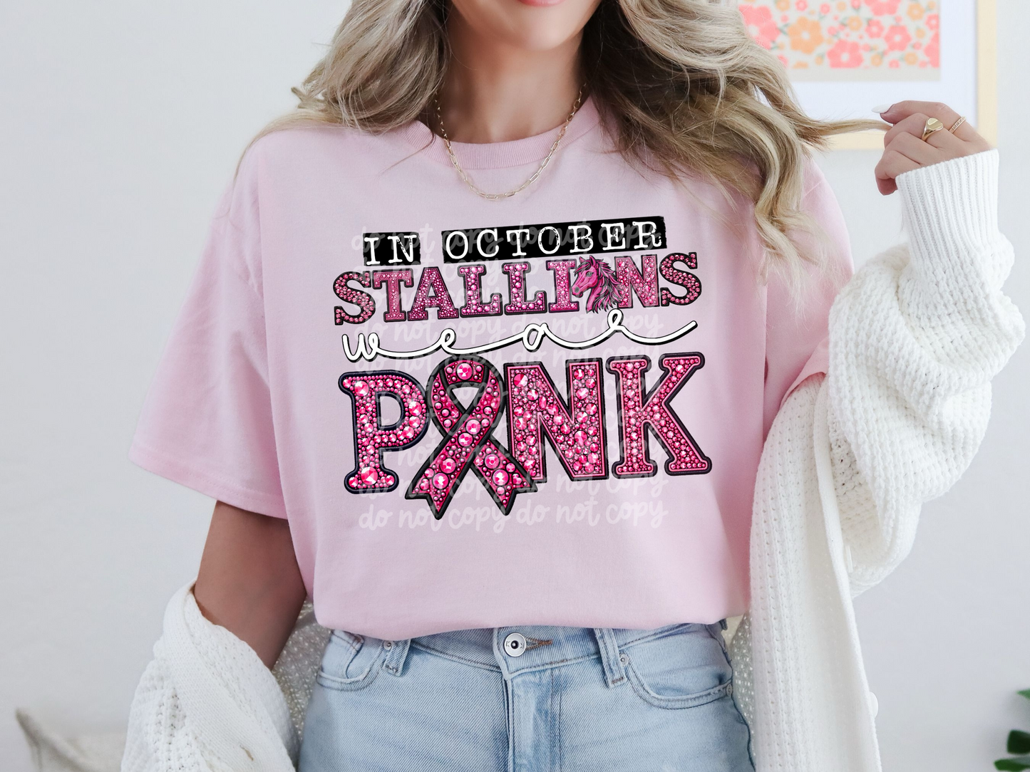 In October Stallions Wear Pink Faux Embroidery Rhinestone Breast Cancer School Mascot DTF Transfer - PHD1113