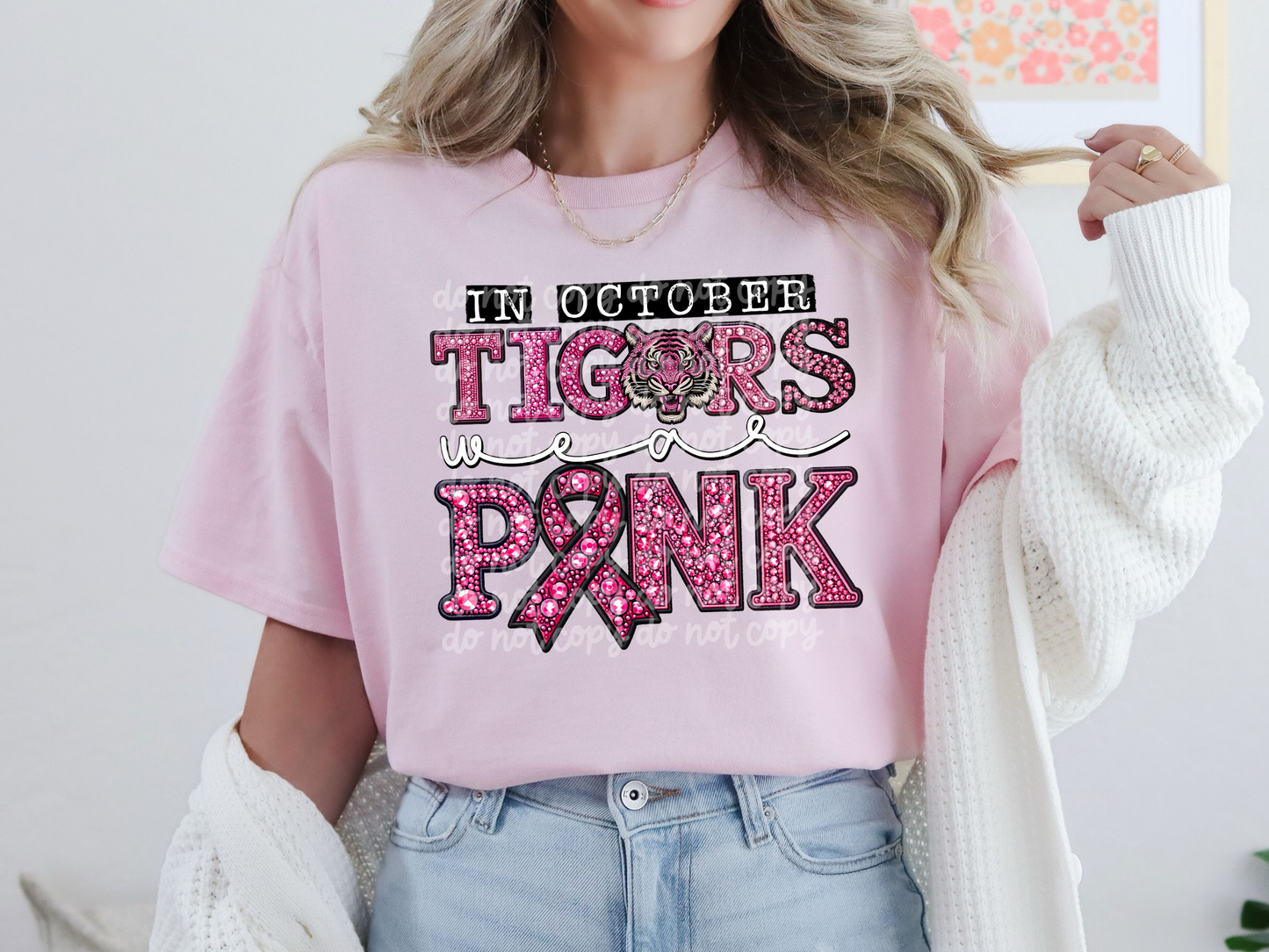 In October Tigers Wear Pink Faux Embroidery Rhinestone Breast Cancer School Mascot DTF Transfer - PHD1114