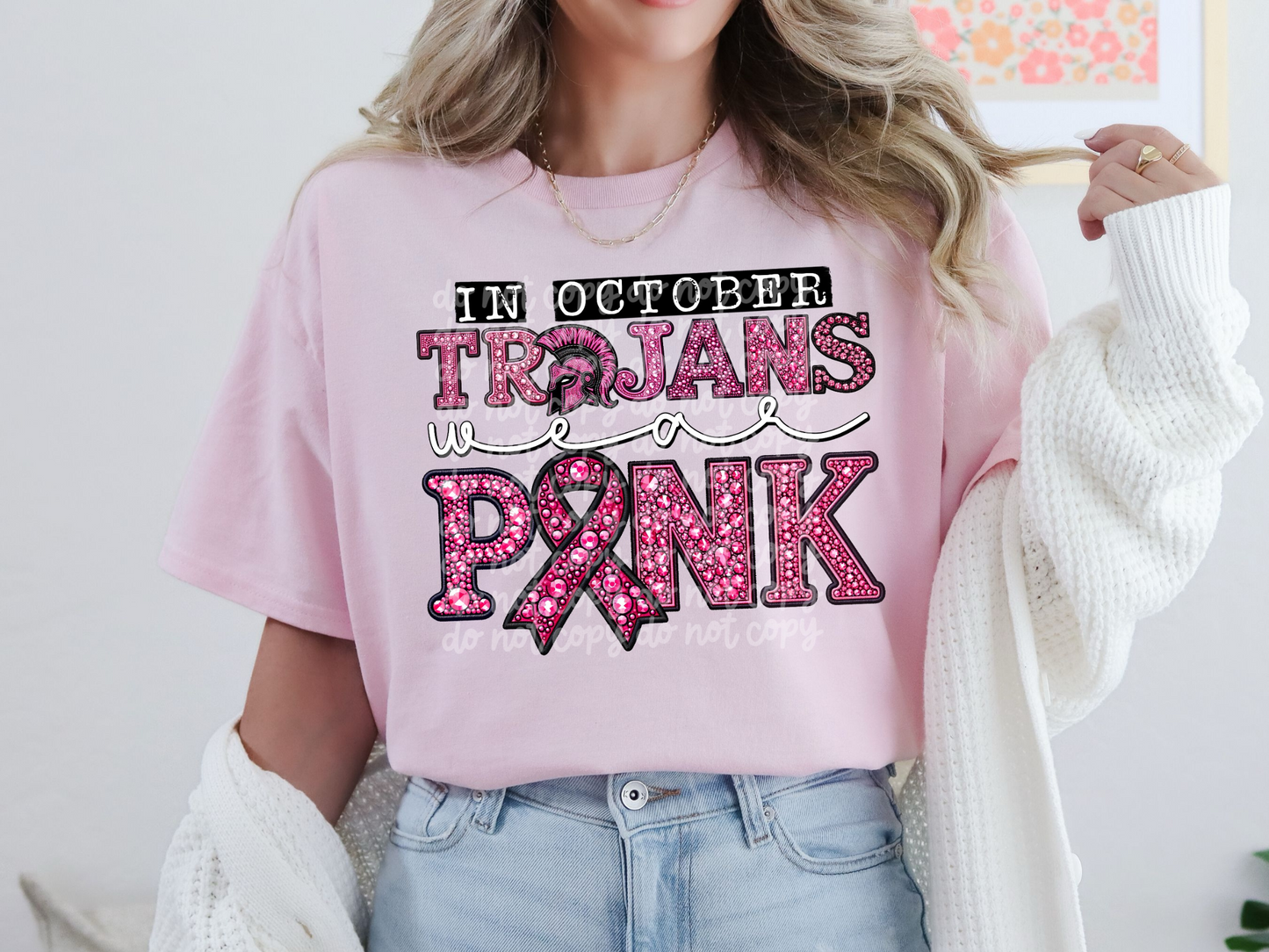 In October Trojans Wear Pink Faux Embroidery Rhinestone Breast Cancer School Mascot DTF Transfer - PHD1115