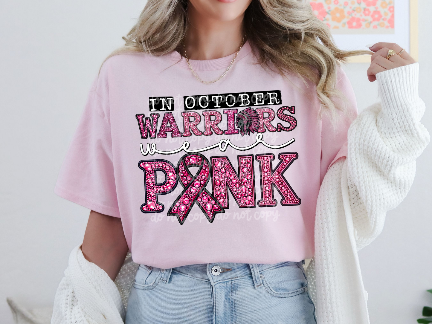 In October Warriors Wear Pink Faux Embroidery Rhinestone Breast Cancer School Mascot DTF Transfer - PHD1116