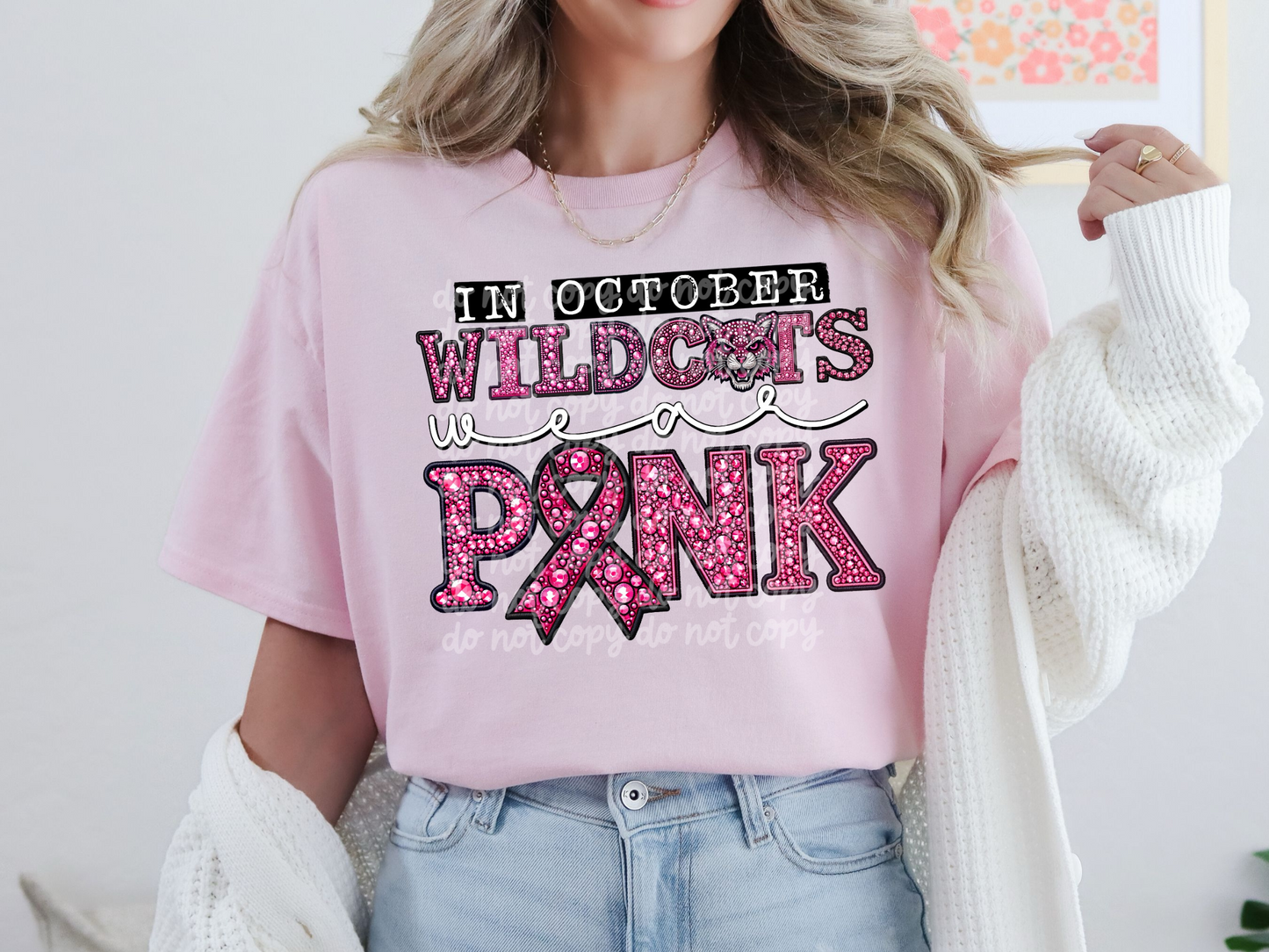 In October Wildcats Wear Pink Faux Embroidery Rhinestone Breast Cancer School Mascot DTF Transfer - PHD1117