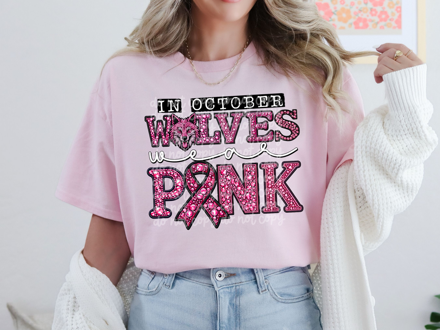 In October Wolves Wear Pink Faux Embroidery Rhinestone Breast Cancer School Mascot DTF Transfer - PHD1118