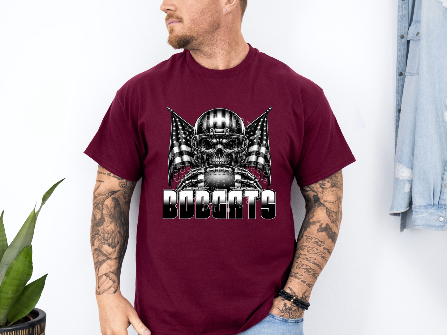 Bobcats US Flag Skull Football School Mascot DTF Transfer - PHD1125