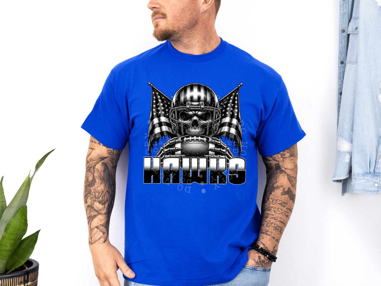 Hawks US Flag Skull Football School Mascot DTF Transfer - PHD1137