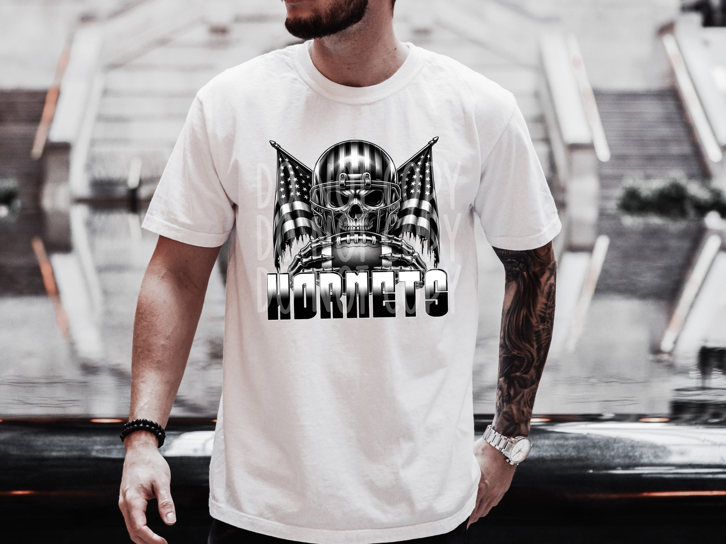 Hornets US Flag Skull Football School Mascot DTF Transfer - PHD1139