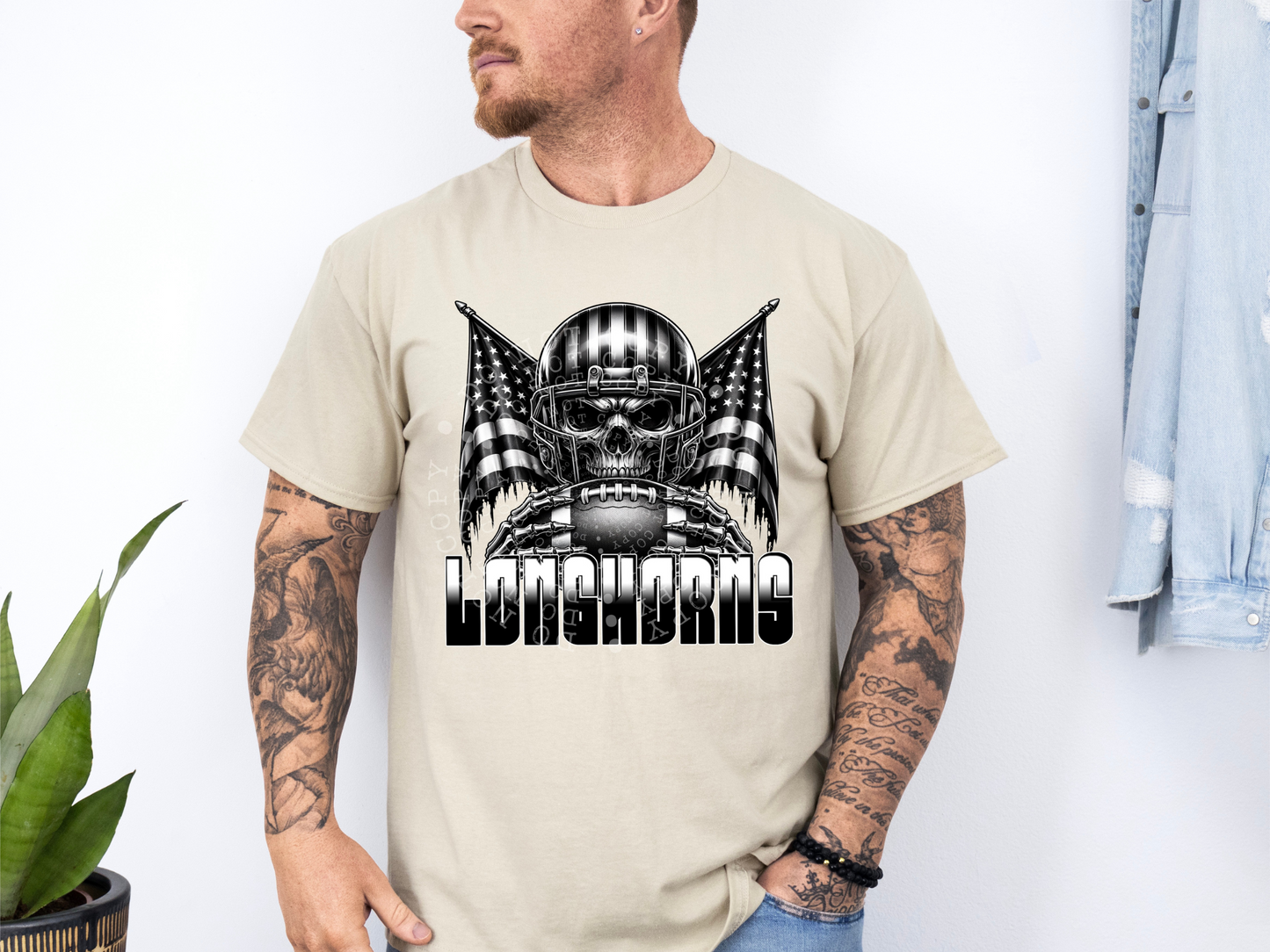 Longhorns US Flag Skull Football School Mascot DTF Transfer - PHD1144