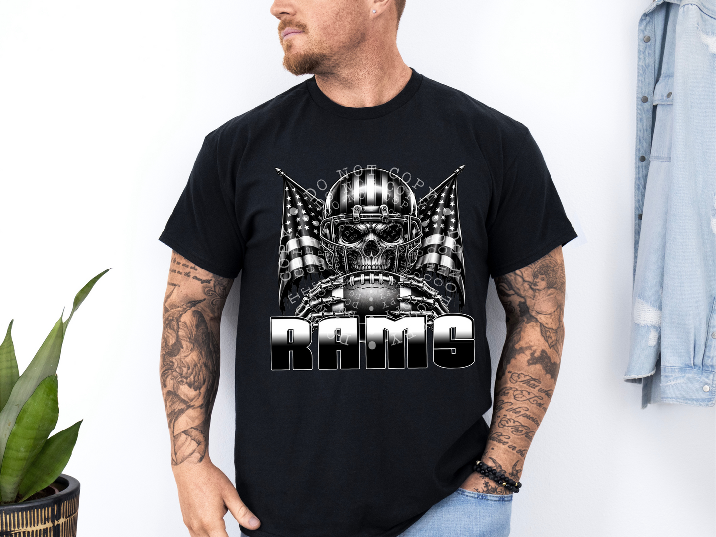 Rams US Flag Skull Football School Mascot DTF Transfer - PHD1149