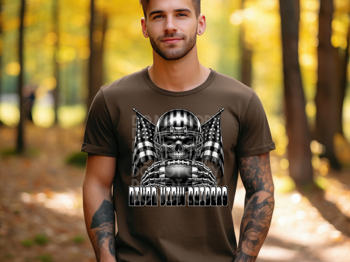 River View Raiders US Flag Skull Football School Mascot DTF Transfer - PHD1150