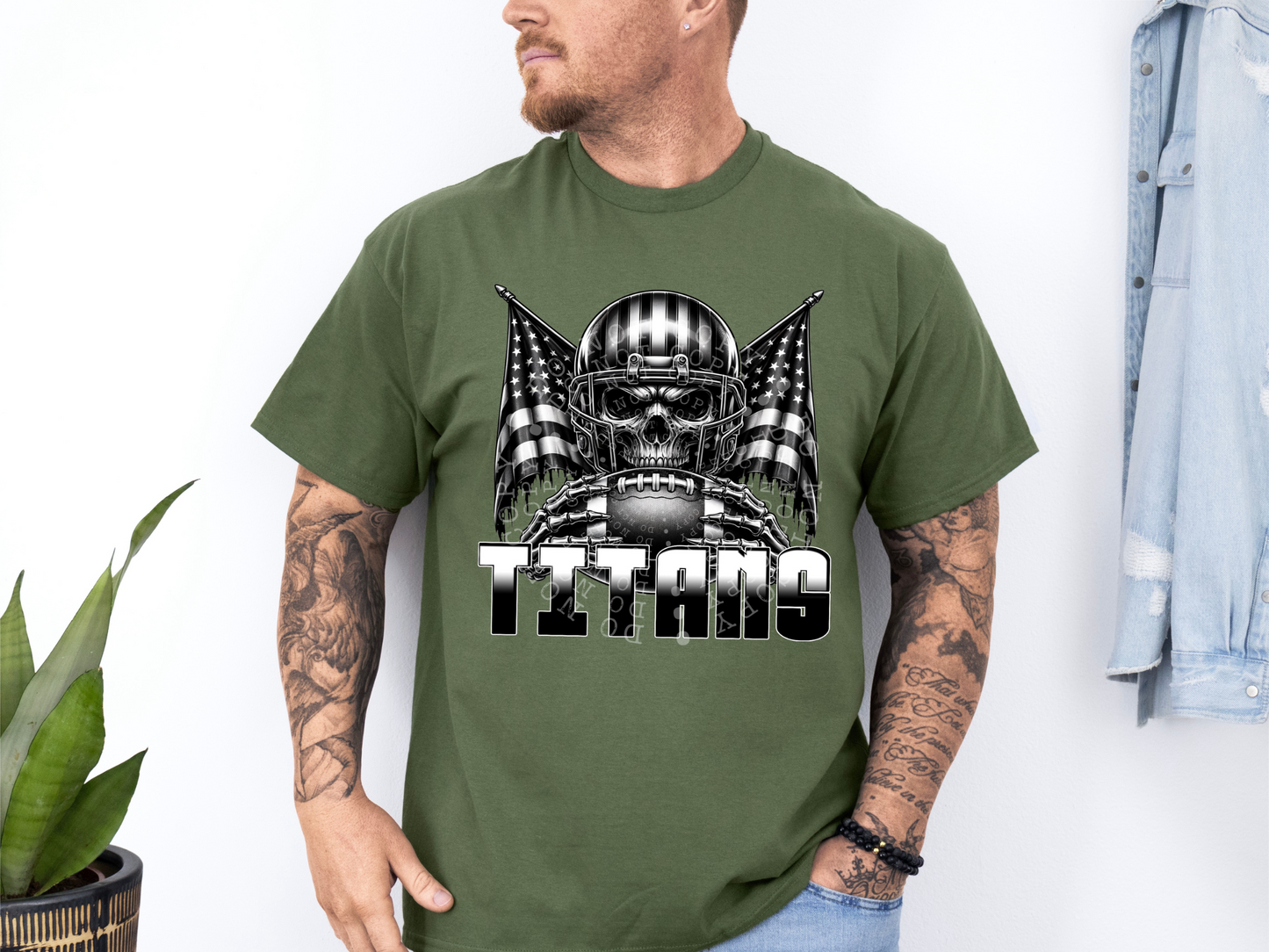 Titans US Flag Skull Football School Mascot DTF Transfer - PHD1155