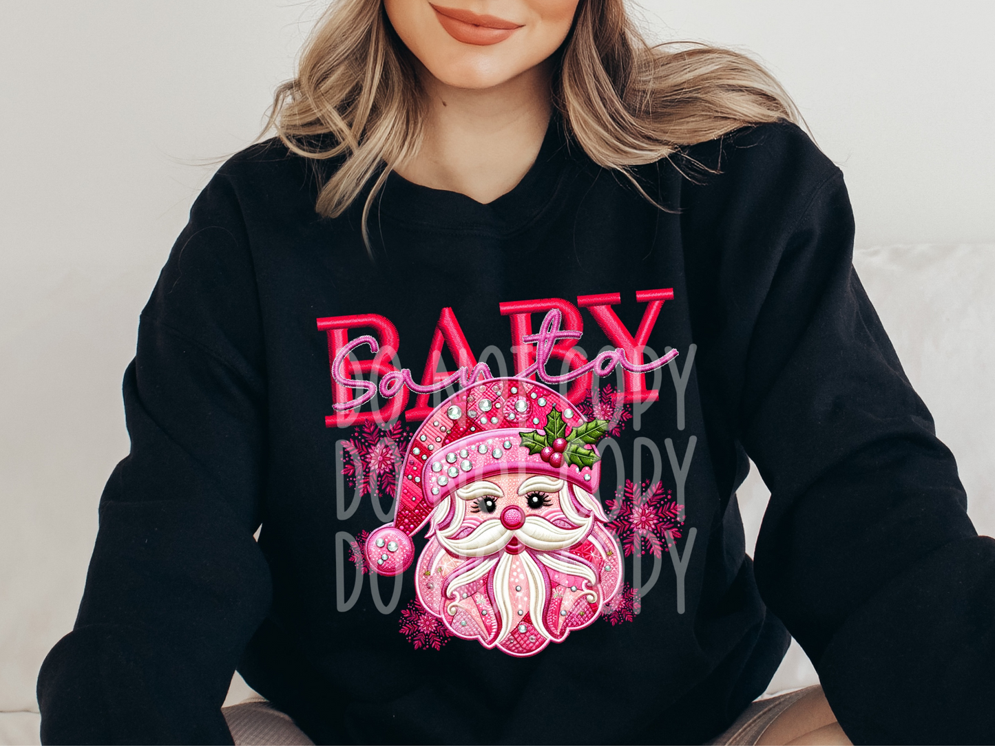 Pink Santa Baby Faux Embroidery Rhinestone Christmas DTF Transfers - PHD1161