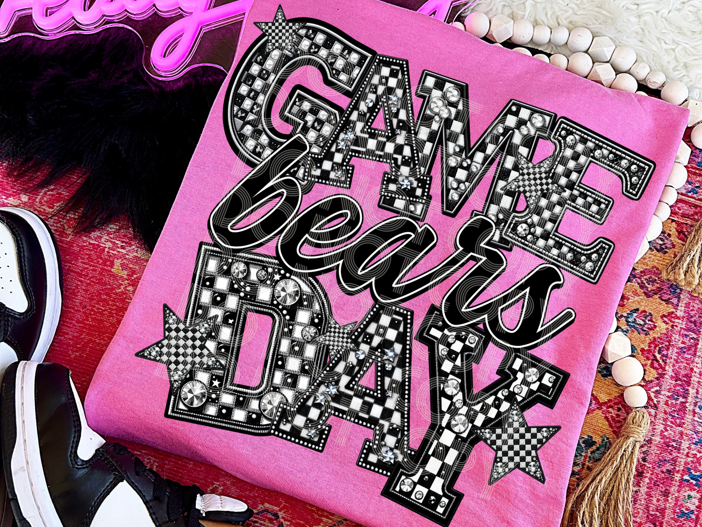 Black And White Checkered Game Day Bears Faux Embroidery Game Day DTF Transfers - PHD1166