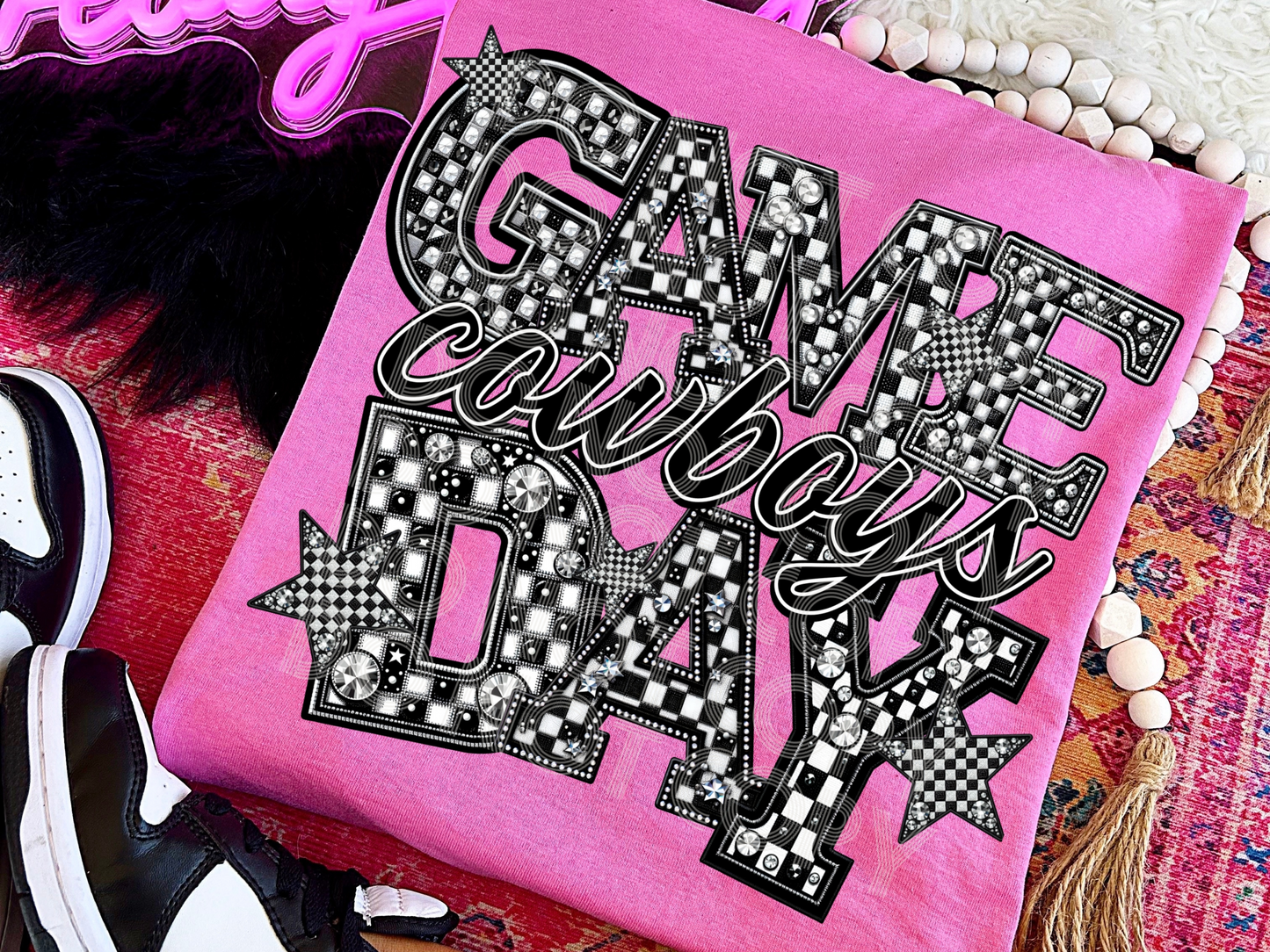 Black And White Checkered Game Day Cowboys Faux Embroidery Game Day DTF Transfers - PHD1167