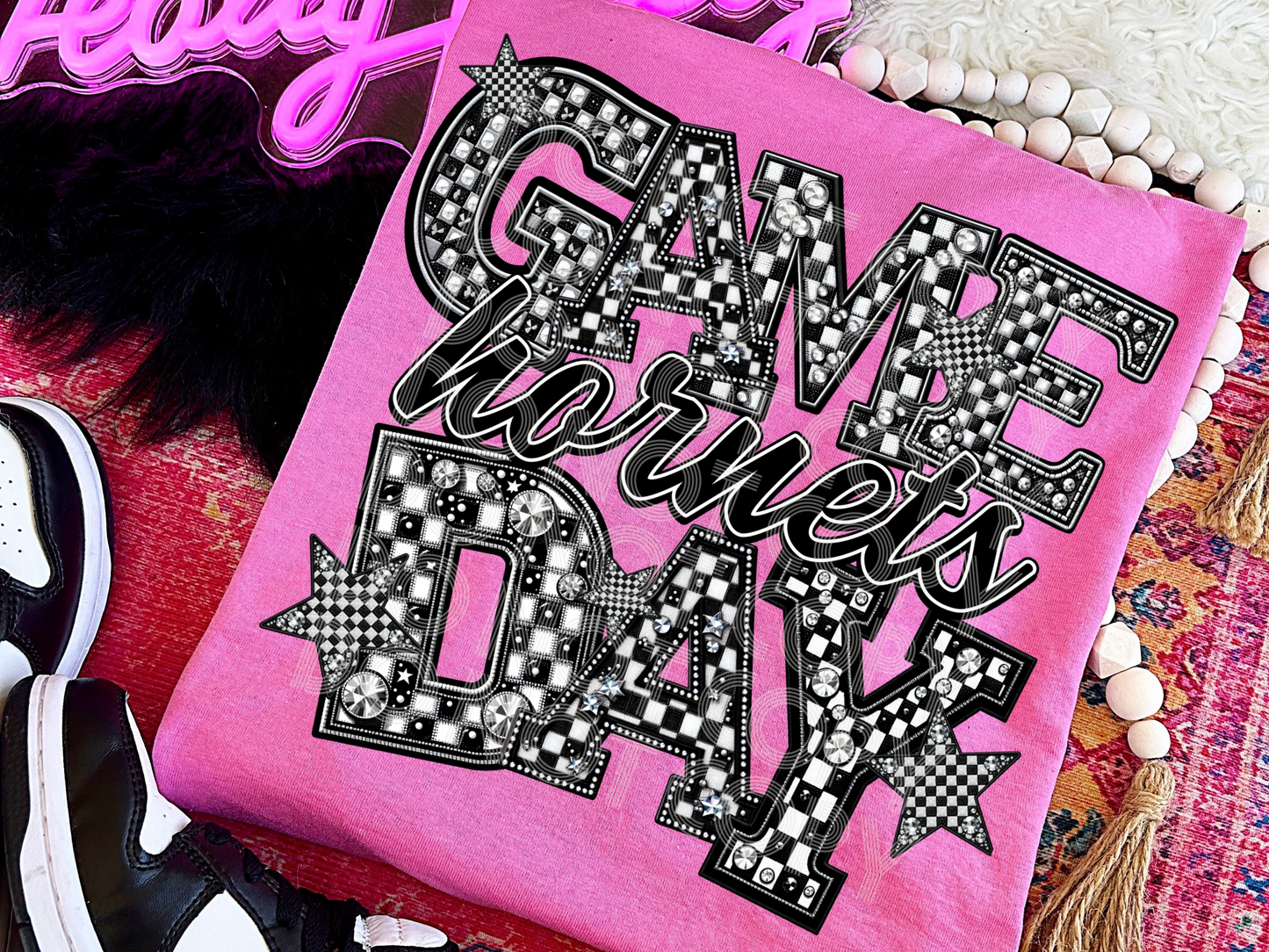 Black And White Checkered Game Day Hornets Faux Embroidery Game Day DTF Transfers - PHD1169